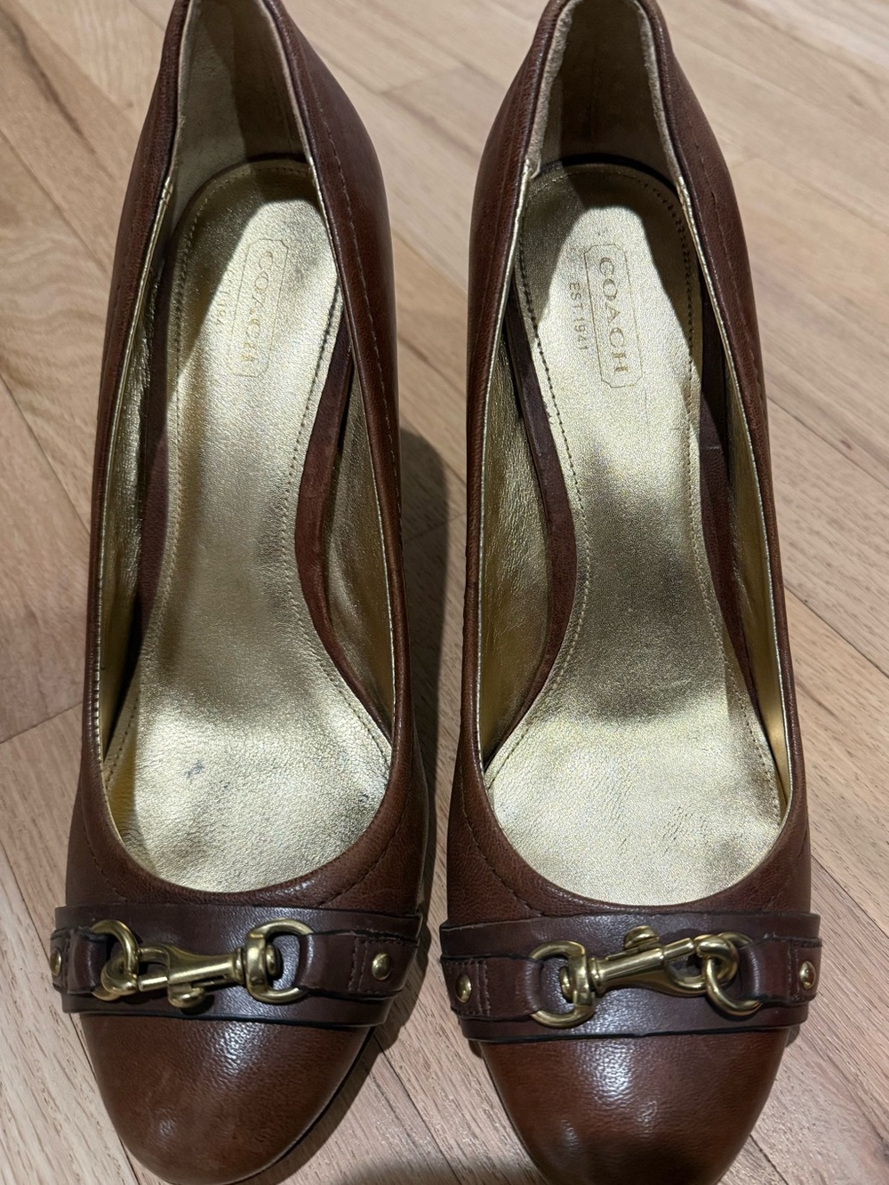 Coach Brown Leather Pump with Gold Horsebit Accent - Size 9 - Picture 2 of 9